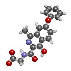 Roxadustat drug molecule. 3D rendering. Atoms are represented as spheres with conventional color coding: hydrogen (white), carbon (grey), nitrogen (blue), oxygen (red).
