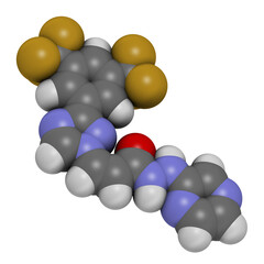 Selinexor cancer drug molecule. 3D rendering. Atoms are represented as spheres with conventional color coding: hydrogen (white), carbon (grey), nitrogen (blue), oxygen (red), fluorine (gold).