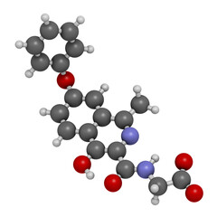 Roxadustat drug molecule. 3D rendering. Atoms are represented as spheres with conventional color coding: hydrogen (white), carbon (grey), nitrogen (blue), oxygen (red).