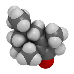 Rotundone peppery taste molecule. 3D rendering. Atoms are represented as spheres with conventional color coding: hydrogen (white), carbon (grey), oxygen (red).