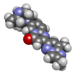 Risdiplam Spinal muscular Atrophy drug molecule. 3D rendering. Atoms are represented as spheres with conventional color coding: hydrogen (white), carbon (grey), nitrogen (blue), oxygen (red).