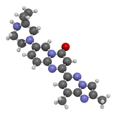Risdiplam Spinal muscular Atrophy drug molecule. 3D rendering. Atoms are represented as spheres with conventional color coding: hydrogen (white), carbon (grey), nitrogen (blue), oxygen (red).