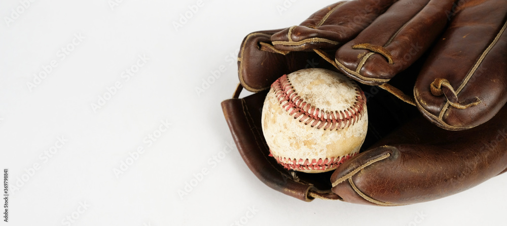 Poster baseball sport concept isolated equipment with ball and glove on white background. - Posters