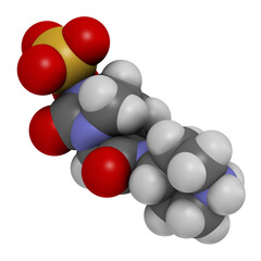 Relebactam drug molecule. Beta-lactamase inhibitor that is adminstered with beta-lactam antibiotics. 3D rendering. Atoms are represented as spheres with conventional color coding