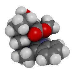 Rauwolscine alkaloid molecule. 3D rendering. Atoms are represented as spheres with conventional color coding: hydrogen (white), carbon (grey), oxygen (red), nitrogen (blue).