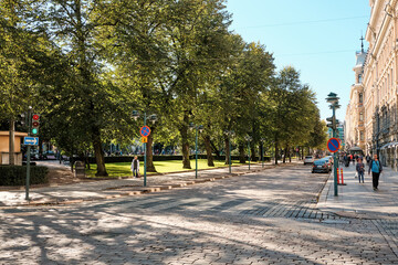 Finland. Helsinki. Houses and streets of Helsinki. Urban autumn landscape. September 16, 2018