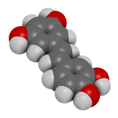 Piceatannol herbal stilbenoid molecule. 3D rendering. Atoms are represented as spheres with conventional color coding: hydrogen (white), carbon (grey), oxygen (red).