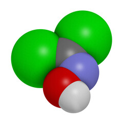 Phosgene oxime chemical weapon molecule. 3D rendering. Atoms are represented as spheres with conventional color coding: hydrogen (white), oxygen (red), nitrogen (blue), chlorine (green).
