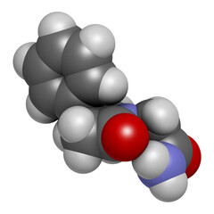 Phenylpiracetam drug molecule. 3D rendering. Atoms are represented as spheres with conventional color coding: hydrogen (white), carbon (grey), oxygen (red), nitrogen (blue).