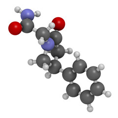 Phenylpiracetam drug molecule. 3D rendering. Atoms are represented as spheres with conventional color coding: hydrogen (white), carbon (grey), oxygen (red), nitrogen (blue).