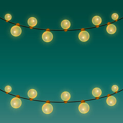Christmas garlands on a green background. Banner with garlands of yellow bulbs. 