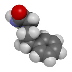 Phenylpiracetam drug molecule. 3D rendering. Atoms are represented as spheres with conventional color coding: hydrogen (white), carbon (grey), oxygen (red), nitrogen (blue).