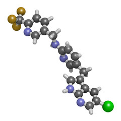 Pexidartinib cancer drug molecule. 3D rendering. Atoms are represented as spheres with conventional color coding: hydrogen (white), carbon (grey), nitrogen (blue), chlorine (green), fluorine (gold).