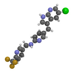 Pexidartinib cancer drug molecule. 3D rendering. Atoms are represented as spheres with conventional color coding: hydrogen (white), carbon (grey), nitrogen (blue), chlorine (green), fluorine (gold).