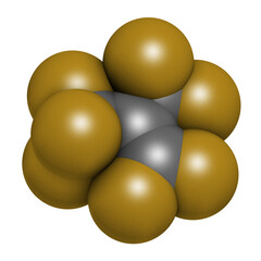 Perfluoroisobutene fluorocarbon molecule.  3D rendering. Atoms are represented as spheres with conventional color coding: carbon (grey), fluorine (gold).