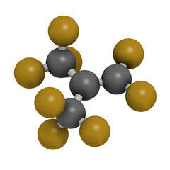 Perfluoroisobutene fluorocarbon molecule.  3D rendering. Atoms are represented as spheres with conventional color coding: carbon (grey), fluorine (gold).