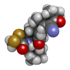 Omaveloxolone drug molecule. 3D rendering. Atoms are represented as spheres with conventional color coding: hydrogen (white), carbon (grey), nitrogen (blue), oxygen (red), fluorine (gold).