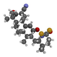 Omaveloxolone drug molecule. 3D rendering. Atoms are represented as spheres with conventional color coding: hydrogen (white), carbon (grey), nitrogen (blue), oxygen (red), fluorine (gold).