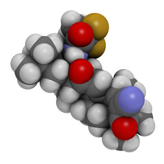 Omaveloxolone drug molecule. 3D rendering. Atoms are represented as spheres with conventional color coding: hydrogen (white), carbon (grey), nitrogen (blue), oxygen (red), fluorine (gold).