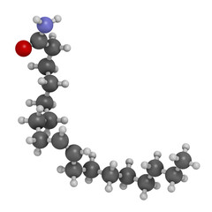 Oleamide molecule. 3D rendering. Atoms are represented as spheres with conventional color coding: hydrogen (white), carbon (grey), oxygen (red), nitrogen (blue).