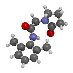 Nefiracetam nootropic drug molecule. 3D rendering. Atoms are represented as spheres with conventional color coding: hydrogen (white), carbon (grey), oxygen (red), nitrogen (blue).