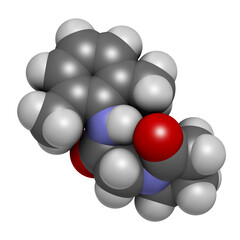 Nefiracetam nootropic drug molecule. 3D rendering. Atoms are represented as spheres with conventional color coding: hydrogen (white), carbon (grey), oxygen (red), nitrogen (blue).