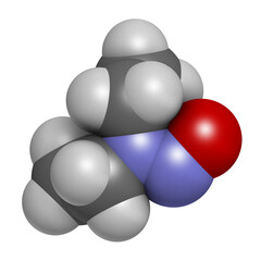  N-Nitroso-diethylamine or NDEA carcinogenic molecule. 3D rendering. Atoms are represented as spheres with conventional color coding: hydrogen (white), carbon (grey), oxygen (red), nitrogen (blue).
