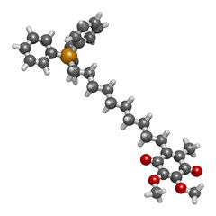 Mitoquinone or mitoQ molecule. 3D rendering. Atoms are represented as spheres with conventional color coding: hydrogen (white), carbon (grey), oxygen (red), phosphorus (orange).