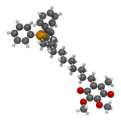 Mitoquinone or mitoQ molecule. 3D rendering. Atoms are represented as spheres with conventional color coding: hydrogen (white), carbon (grey), oxygen (red), phosphorus (orange).