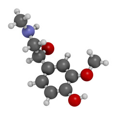 Metanephrine (metadrenaline) molecule. Metabolite of epinephrine that is biomarker for pheochromocytoma. 3D rendering. 