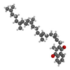 Vitamin K2 or menaquinone molecule. 3D rendering. Atoms are represented as spheres with conventional color coding: hydrogen (white), carbon (grey), oxygen (red).