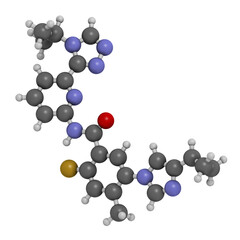 Stylized skeletal formula (chemical structure): Atoms are shown as color-coded circles: hydrogen (hidden); carbon (grey); nitrogen (blue); oxygen (red); sulfur (yellow); fluorine (gold).