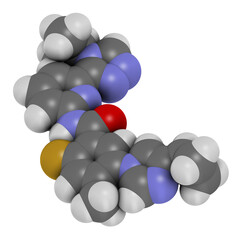 Stylized skeletal formula (chemical structure): Atoms are shown as color-coded circles: hydrogen (hidden); carbon (grey); nitrogen (blue); oxygen (red); sulfur (yellow); fluorine (gold).