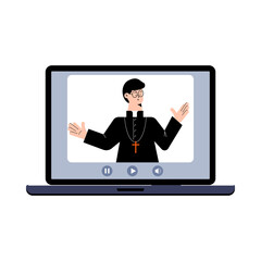 Pastor gives a lecture or sermon online on laptop isolated on white background.  Church online service concept flat design cartoon style vector illustration. Pray streams the audience by computer.