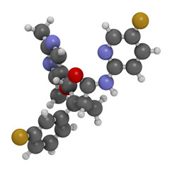 Lemborexant insomnia drug molecule. 3D rendering. Atoms are represented as spheres with conventional color coding: hydrogen (white), carbon (grey), nitrogen (blue), oxygen (red), fluorine (gold).
