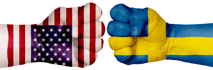 Two hands are clenched into fists and are located opposite each other. Hands painted in the colors of the flags of the countries. Sweden vs USA
