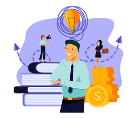 Vector flat illustration, business meeting and brainstorming, business concept for teamwork, searching for new solutions, little people are sitting on light bulbs in search of ideas - Vector