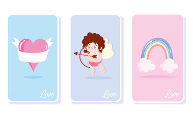 love cupid heart rainbow romantic celebration cartoon cards