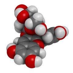 Ideain plant pigment molecule. 3D rendering. Atoms are represented as spheres with conventional color coding: hydrogen (white), carbon (grey), oxygen (red).