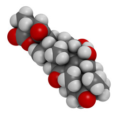 Ganoderic acid A molecule. Present in Ganoderma mushrooms. 3D rendering. Atoms are represented as spheres with conventional color coding: hydrogen (white), carbon (grey), oxygen (red).