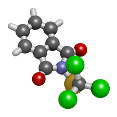 Folpet fungicide molecule. 3D rendering. Atoms are represented as spheres with conventional color coding.