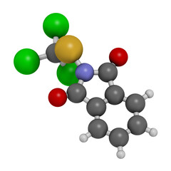 Folpet fungicide molecule. 3D rendering. Atoms are represented as spheres with conventional color coding.