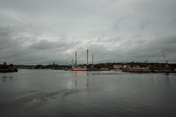Fototapeta premium Sweden. Stockholm. Stockholm coast early in the morning. Lights of the morning city. September 17, 2018