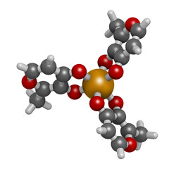 Ferric maltol iron deficiency drug molecule. 3D rendering. Atoms are represented as spheres with conventional color coding: hydrogen (white), carbon (grey), oxygen (red), iron (orange-brown).