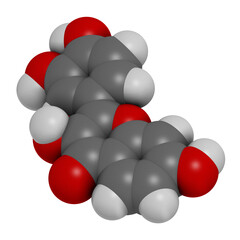 Fisetin plant polyphenol molecule. 3D rendering. Atoms are represented as spheres with conventional color coding: hydrogen (white), carbon (grey), oxygen (red).