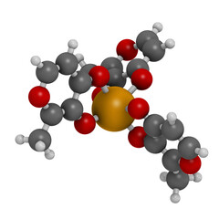 Ferric maltol iron deficiency drug molecule. 3D rendering. Atoms are represented as spheres with conventional color coding: hydrogen (white), carbon (grey), oxygen (red), iron (orange-brown).