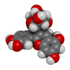 Chrysanthemin plant pigment molecule. 3D rendering. Atoms are represented as spheres with conventional color coding: hydrogen (white), carbon (grey), oxygen (red).