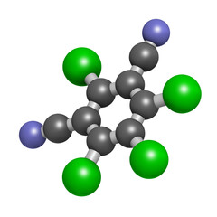 Chlorothalonil pesticide molecule. 3D rendering. Atoms are represented as spheres with conventional color coding: carbon (grey), nitrogen (blue), chlorine (green).
