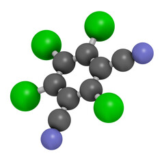 Chlorothalonil pesticide molecule. 3D rendering. Atoms are represented as spheres with conventional color coding: carbon (grey), nitrogen (blue), chlorine (green).