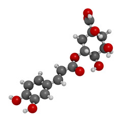 Chlorogenic acid herbal molecule. 3D rendering. Atoms are represented as spheres with conventional color coding: hydrogen (white), carbon (grey), oxygen (red).